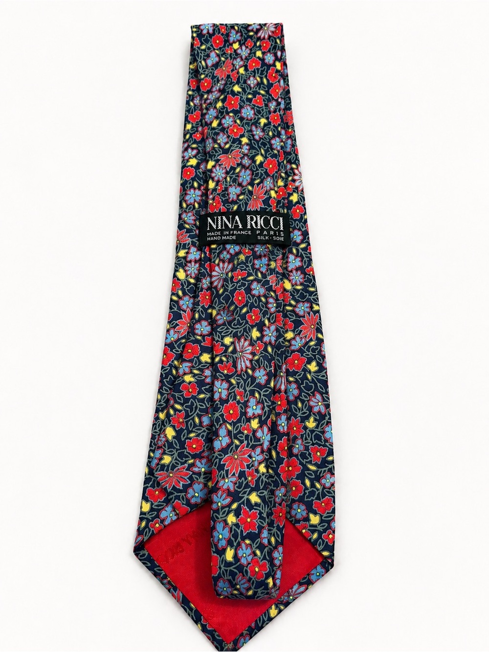 Vintage Nina Ricci Navy Silk Tie with Red & Multicolor Floral Print